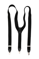 Black leather trim clip suspenders in black fabric with silver-toned metal clasps and a y-shaped connector