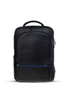 Black textured leather backpack with blue zipper accents and a top handle.