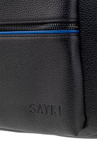 Black textured leather backpack with a blue zipper accent and embossed ’sayki’ branding.