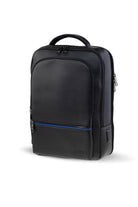Black textured leather backpack with blue zipper accents and a top handle.