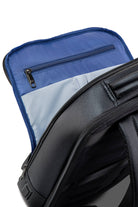 Black textured leather backpack with blue interior lining and a zippered compartment.