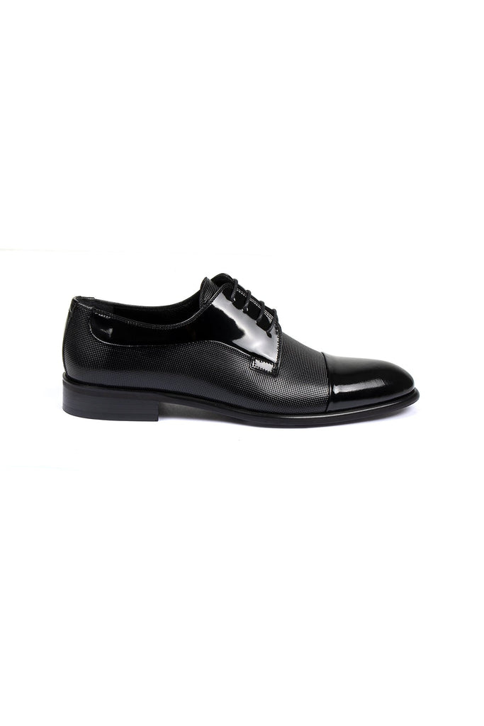Black Patent Patent Leather Lace-Up Tuxedo Shoes - Navy