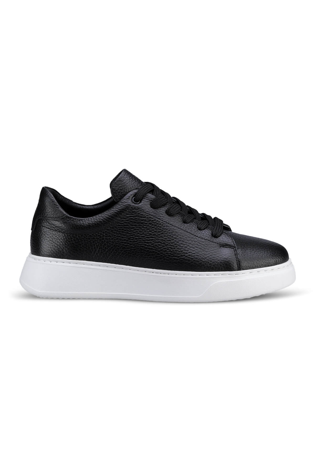 Black textured leather low-top sneaker with a white rubber sole.