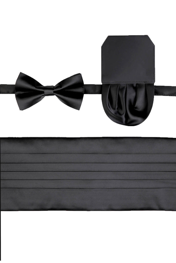 Black satin bow tie, pleated cummerbund, and sleek pocket square set for elegant formal wear