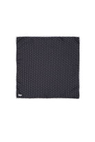 Black silk pocket square with subtle white polka dot pattern and neatly finished edges for smart casual wear