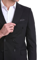 Black double-breasted suit jacket with polka dot pocket square and white shirt for smart casual wear