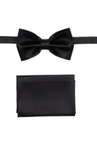 Black satin bow tie and matching pocket square set made of smooth satin for formal wear and special occasions