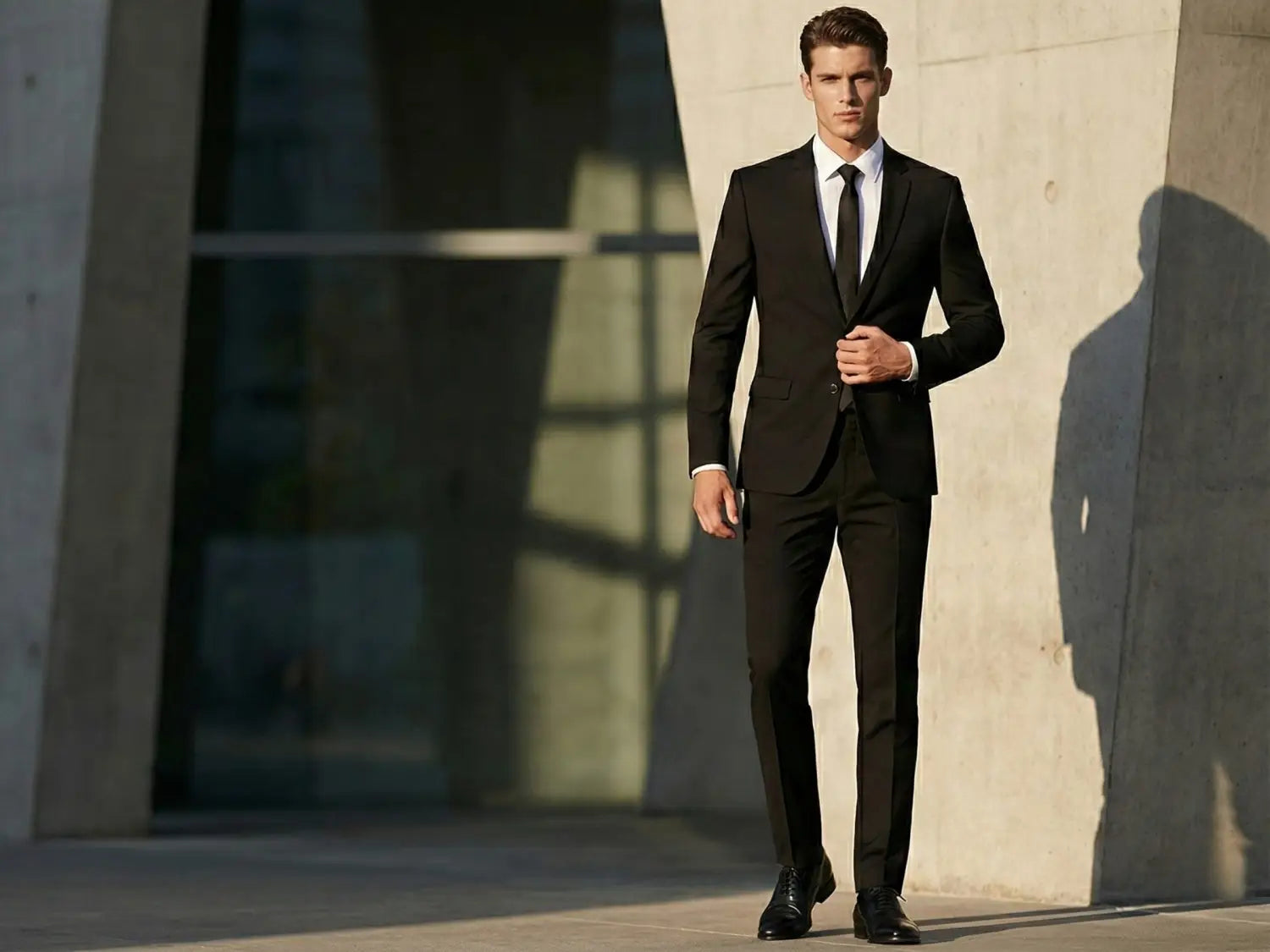 Full-length view of a men’s black slim fit suit with narrow shoulders and tapered trousers, styled with a white shirt and black tie in a modern architectural setting.