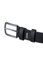 Black leather belt with a sleek silver-toned buckle and embossed brand tag.