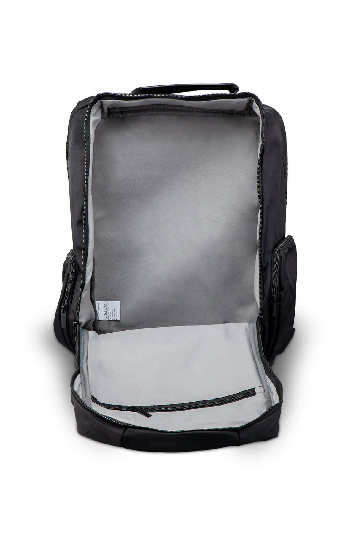Black nylon backpack with gray interior lining and multiple zippered compartments.