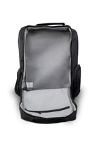 Black nylon backpack with gray interior lining and multiple zippered compartments.