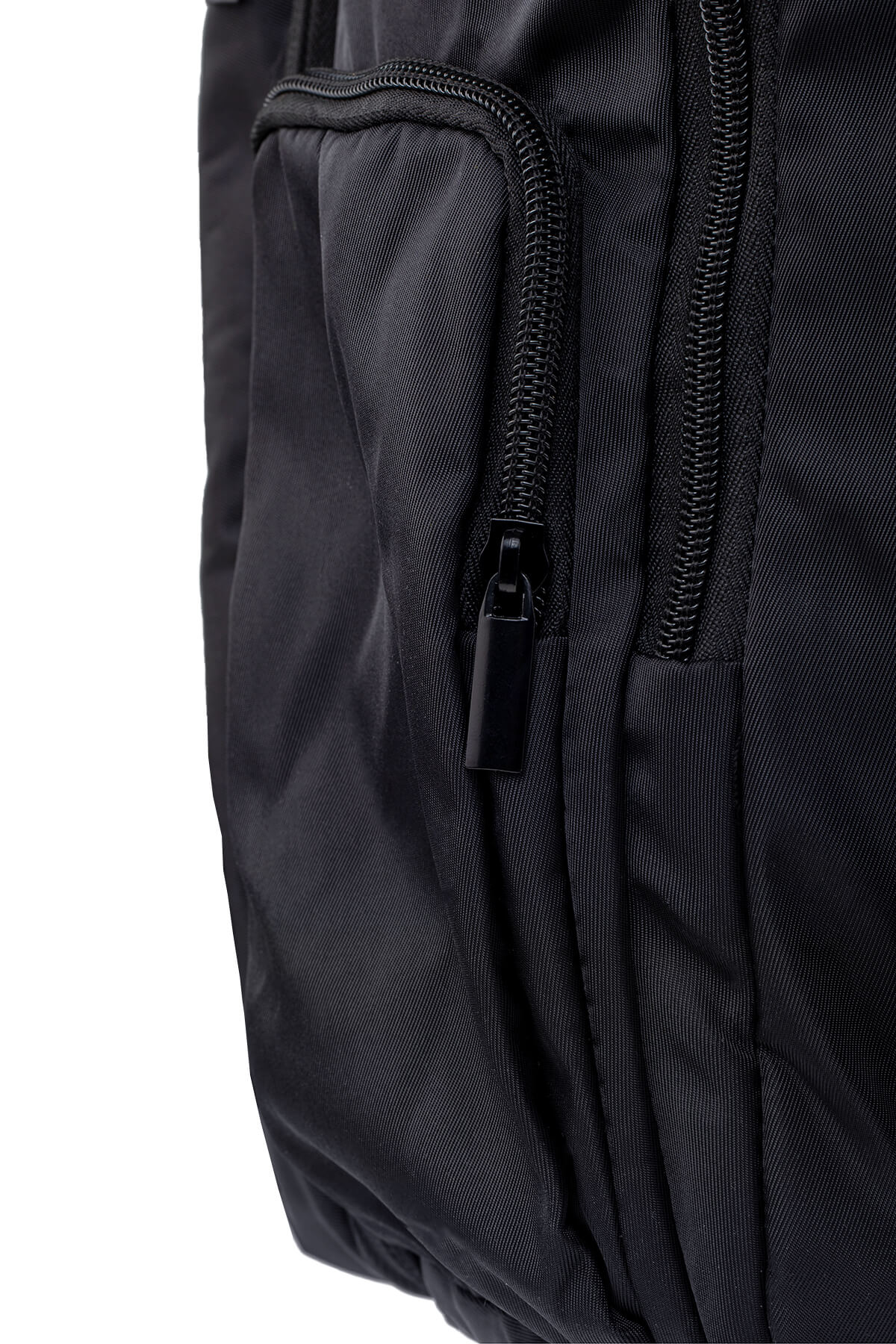Black nylon backpack with a zippered front pocket and matching zipper pulls.