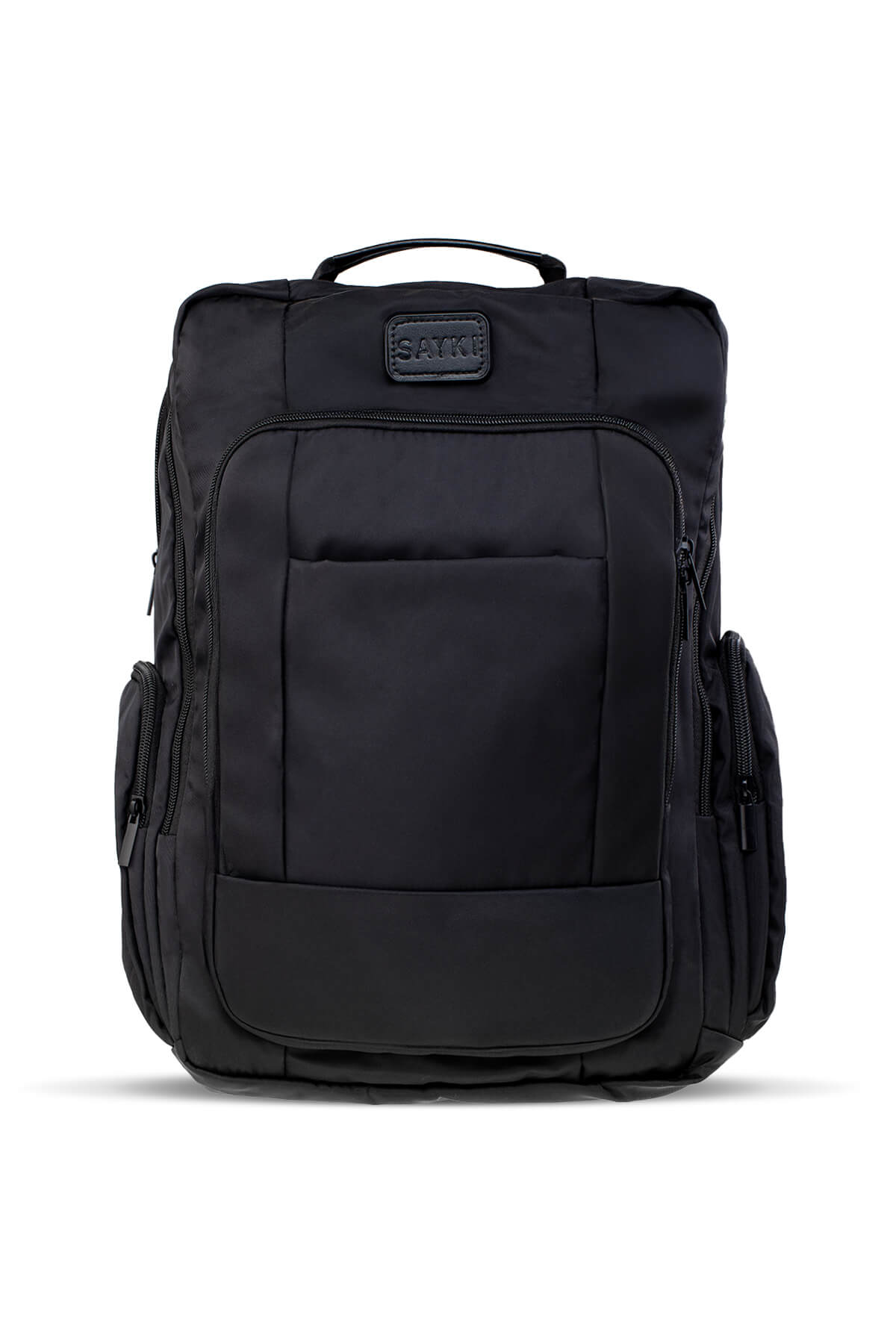 Black sake backpack with a sleek, structured design and multiple zippered compartments.