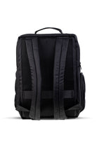 Black nylon backpack with mesh back panel and padded shoulder straps.
