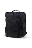 Black saw laptop backpack with multiple zippered compartments and a top handle.