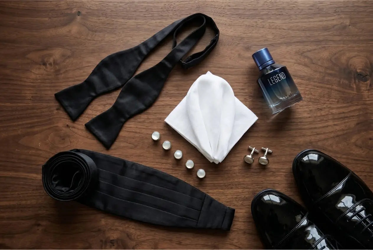 Black-tie formal accessories flat lay on dark walnut wood including black silk bow tie, mother-of-pearl studs, silver cufflinks, black cummerbund, white linen pocket square, patent leather Oxford shoes, and SAYKI Legend cologne