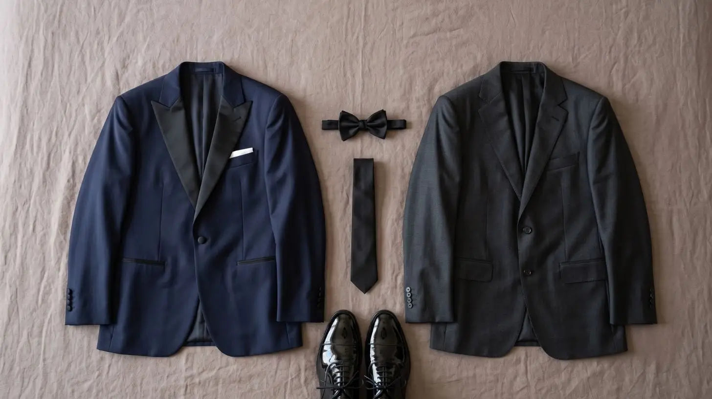 Midnight blue tuxedo jacket and a charcoal suit displayed side by side for a black tie optional dress code, with black bow tie and patent leather shoes