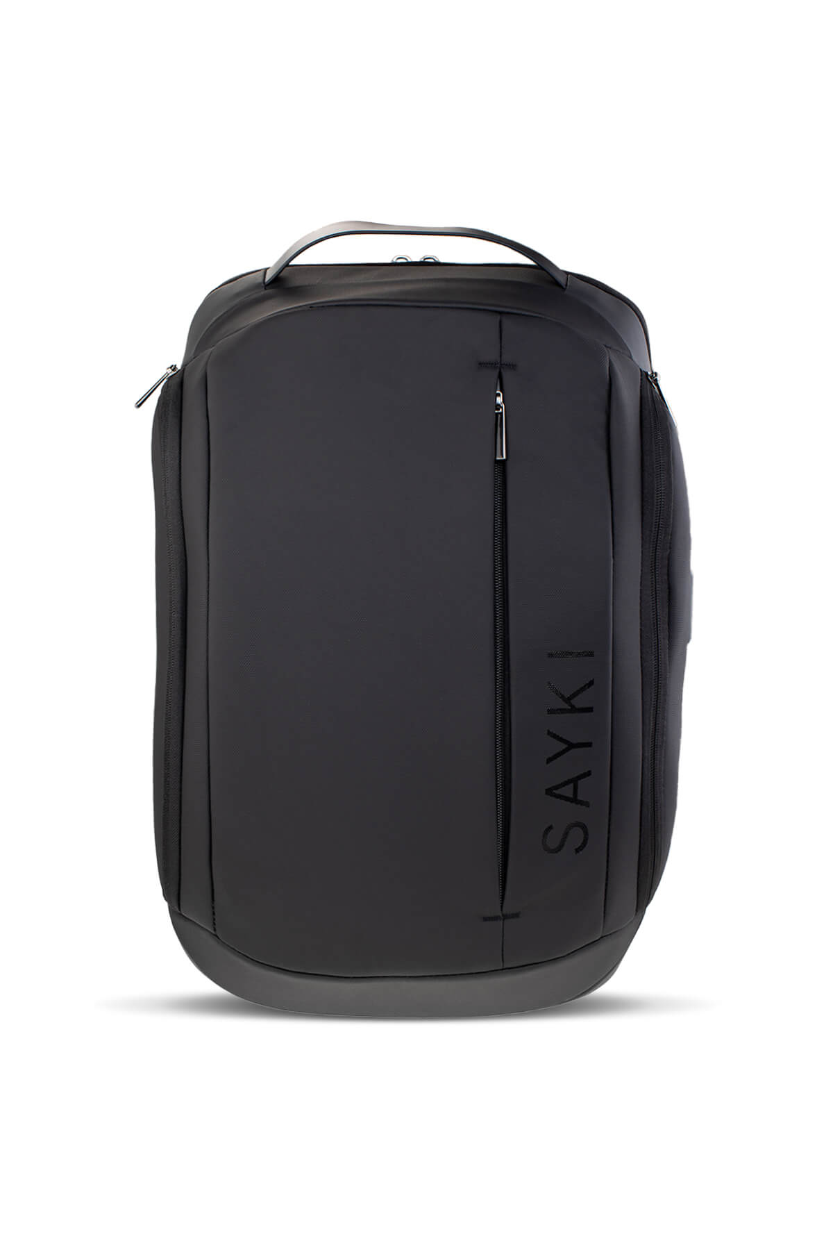 Black sayki backpack with sleek, minimalist design and subtle silver zippers.