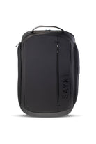Black sayki backpack with sleek, minimalist design and subtle silver zippers.