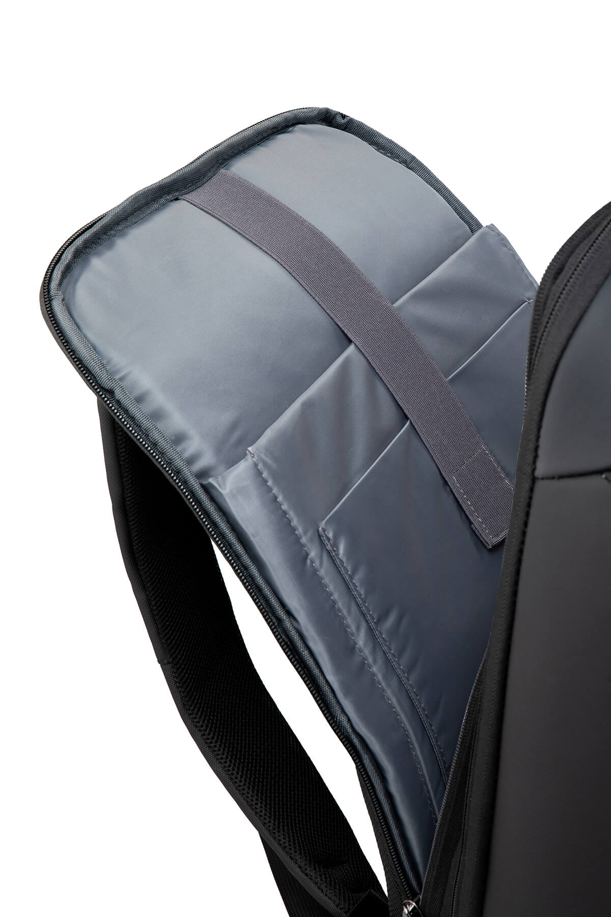 Black laptop backpack with gray interior lining and adjustable strap.