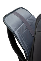 Black laptop backpack with gray interior lining and adjustable strap.