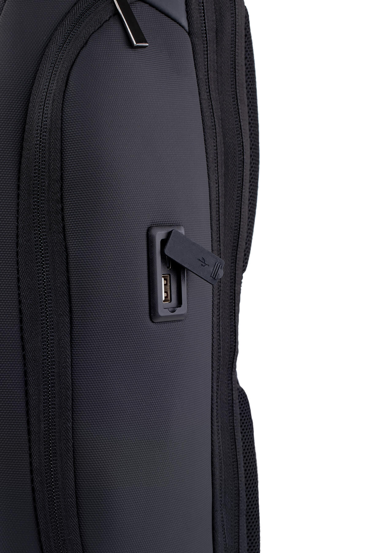 Black textured fabric backpack with a built-in usb charging port and pull-tab cover.
