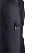 Black textured fabric backpack with a built-in usb charging port and pull-tab cover.