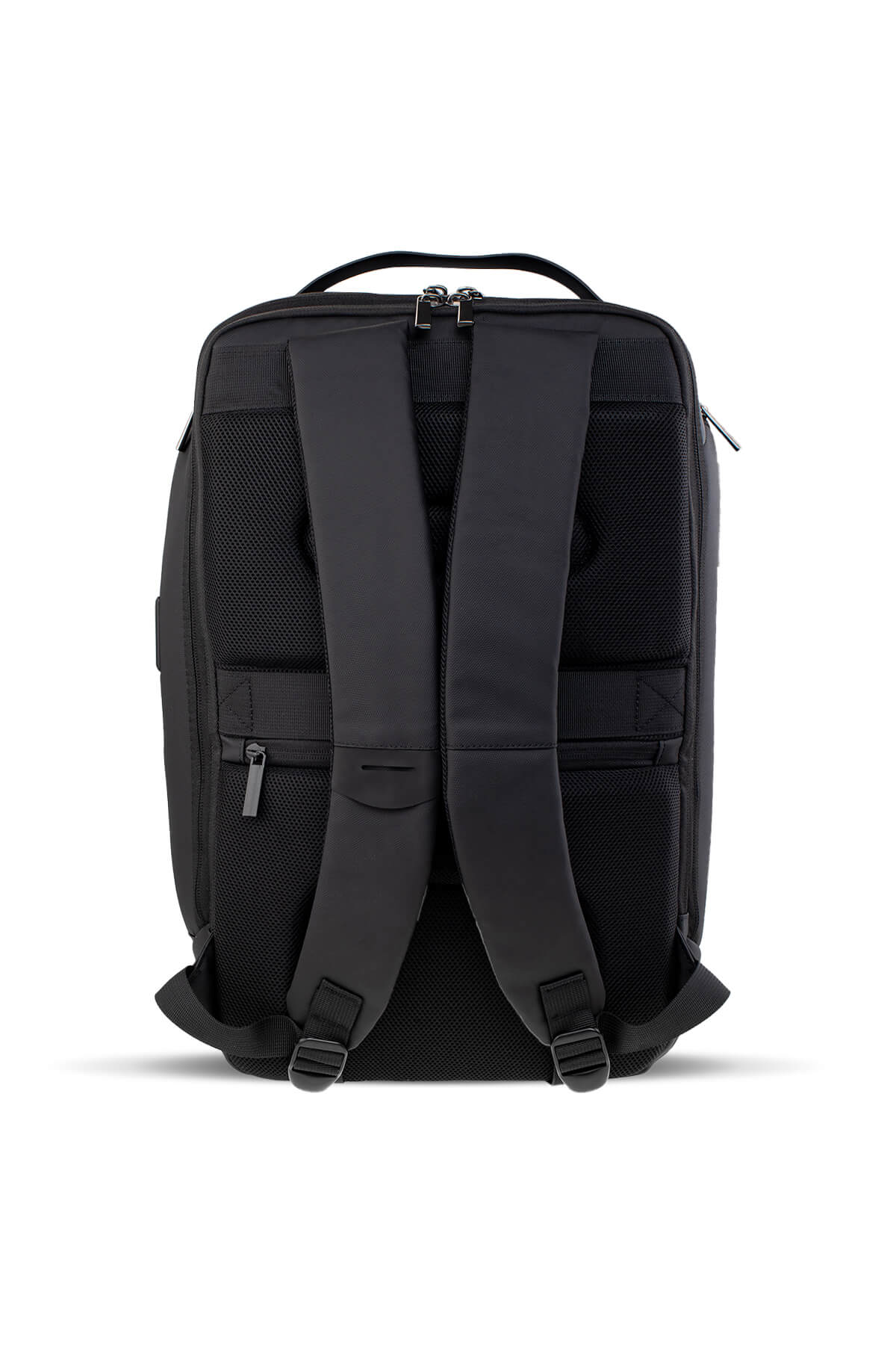 Black nylon laptop backpack with mesh side panels and adjustable shoulder straps.