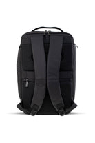 Black nylon laptop backpack with mesh side panels and adjustable shoulder straps.