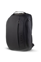 Black sayki backpack with sleek, modern design and subtle silver zippers.
