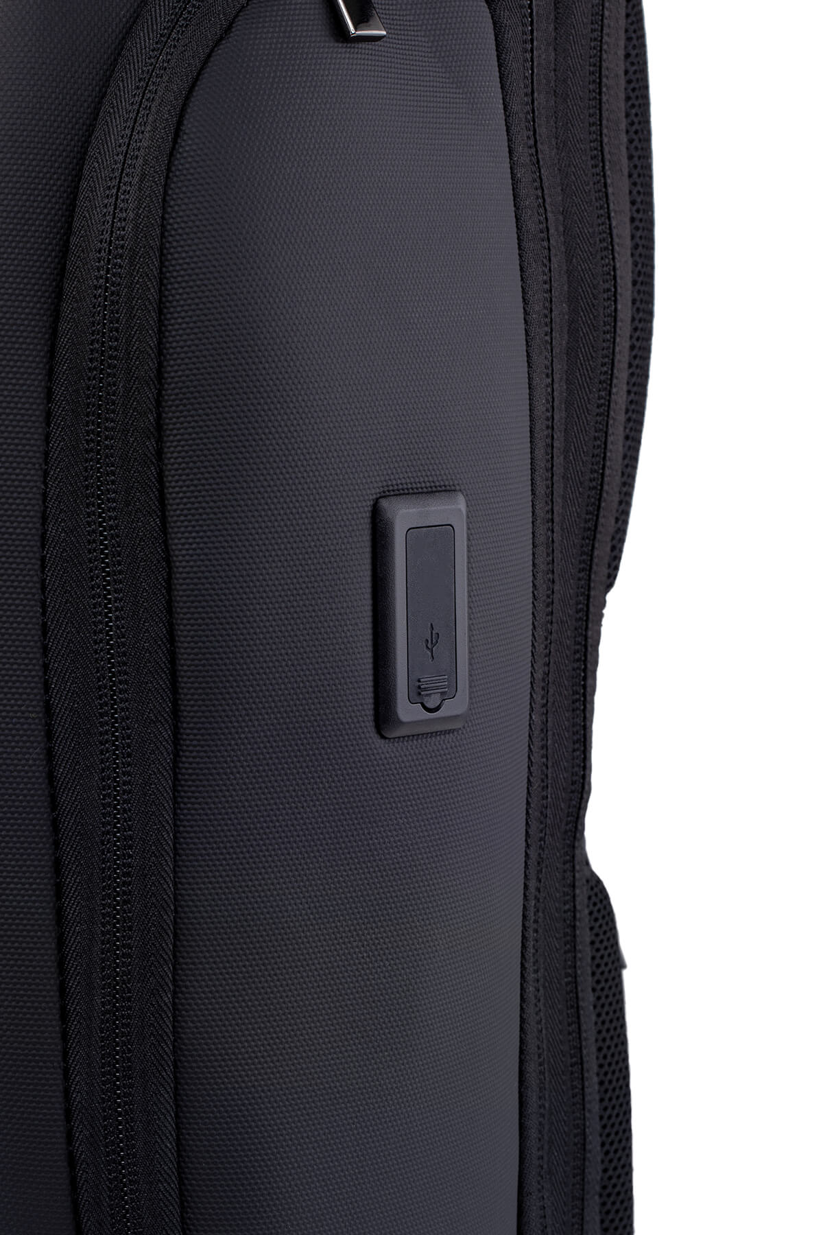 Black textured fabric backpack with a sleek usb charging port panel.