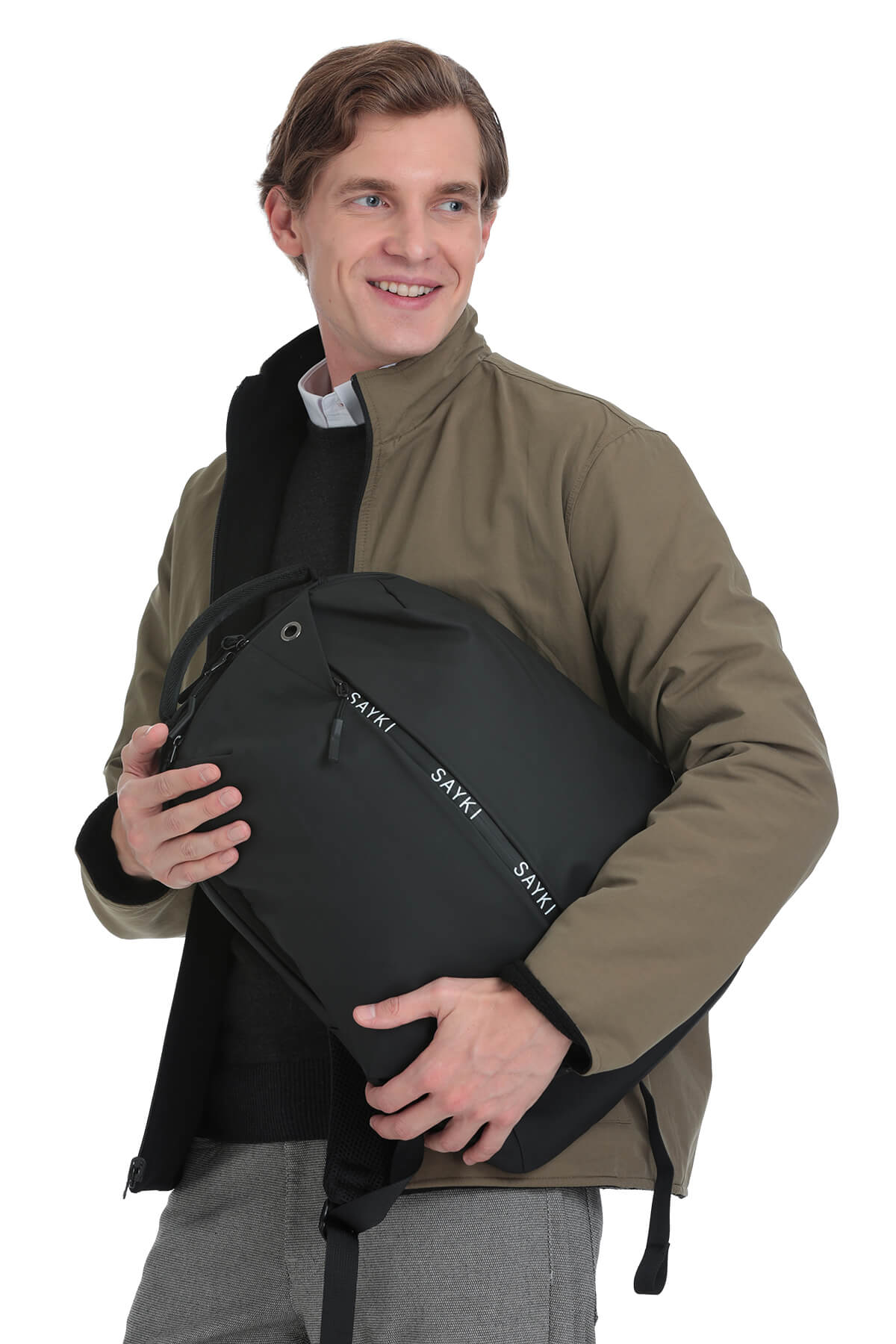 Black sayki backpack with subtle white branding along the zipper pull.