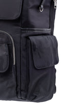 Black nylon backpack with subtle camouflage pattern and multiple zippered pockets.