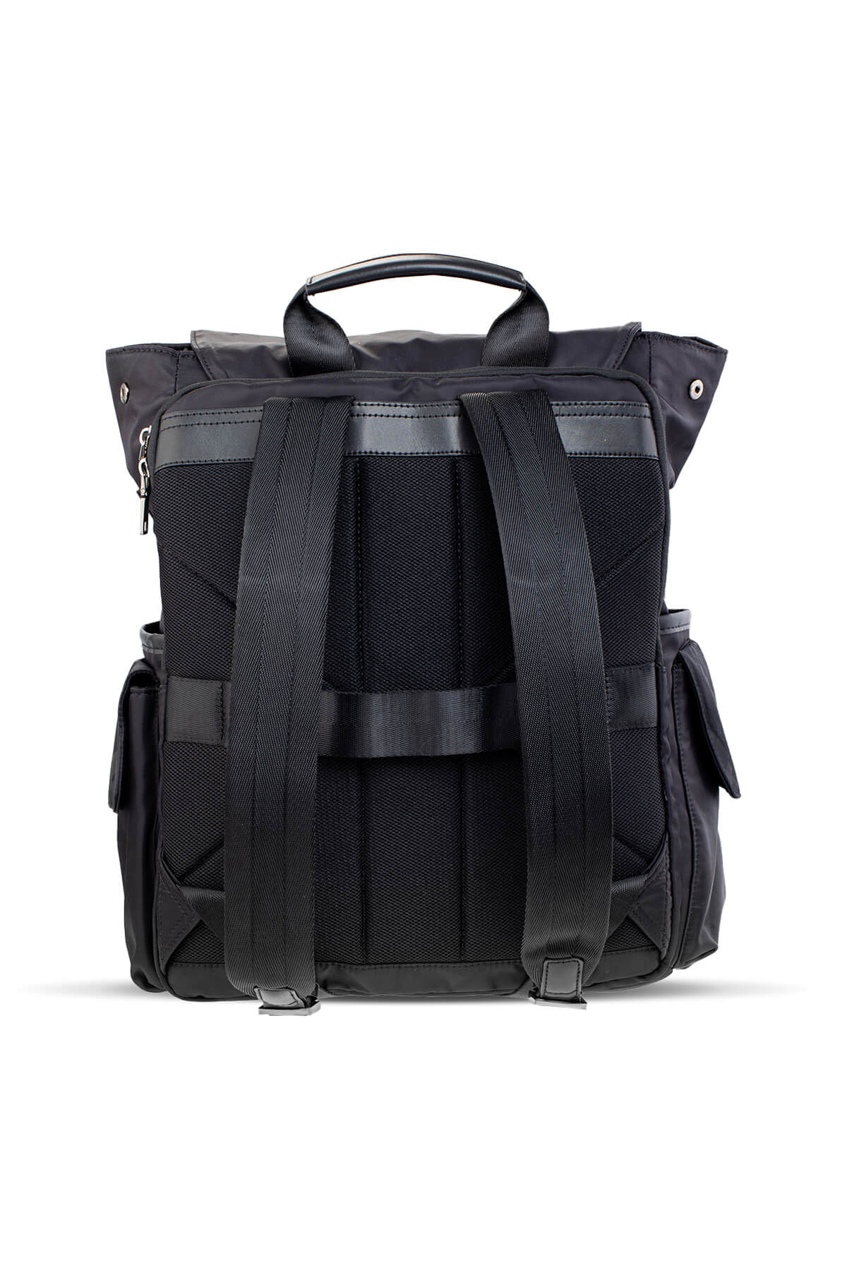Black nylon and mesh backpack with reinforced straps and a top handle.