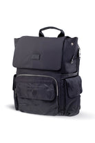 Black nylon backpack with multiple zippered compartments and a top handle.