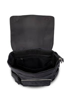 Black nylon messenger bag with a sleek, minimalist design and silver zippers.