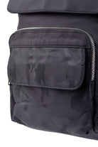 Black camouflage-patterned backpack with a zippered front pocket and silver zipper.