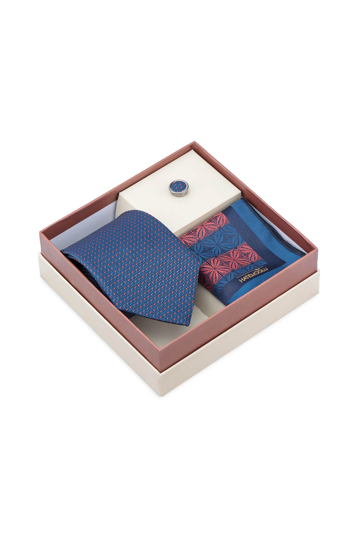 Blue patterned silk tie in a gift box with matching pocket square and lapel pin 3-piece set