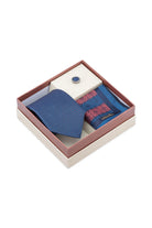 Blue patterned silk tie in a gift box with matching pocket square and lapel pin 3-piece set