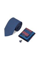 Navy blue patterned tie with subtle dots paired with coordinating pocket square and lapel pin in 3-piece set