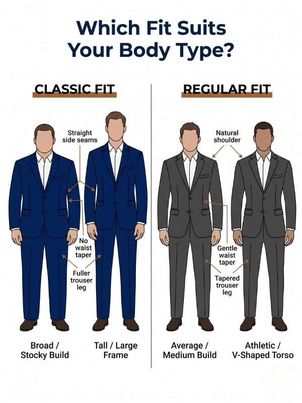 Infographic showing which suit fit works best for different male body types with classic fit for broad and stocky builds and regular fit for average and athletic builds