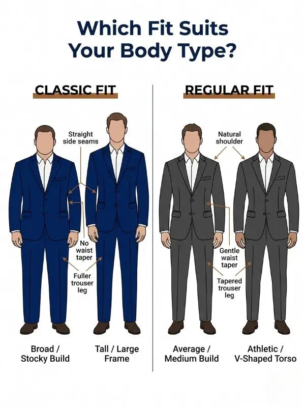 Infographic showing which suit fit works best for different male body types with classic fit for broad and stocky builds and regular fit for average and athletic builds