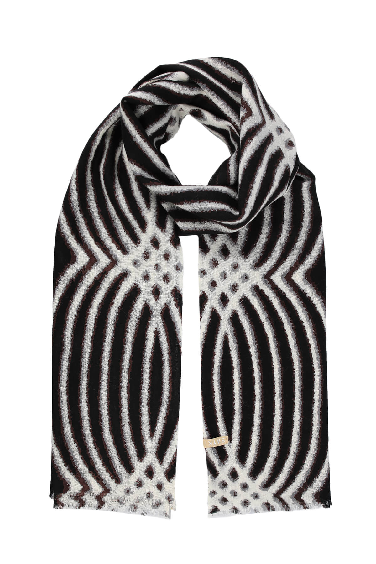 Black and white geometric patterned scarf with a soft, textured fabric.