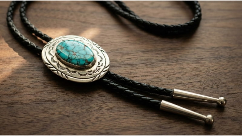 Silver and turquoise bolo tie with braided black leather cord on dark wood surface