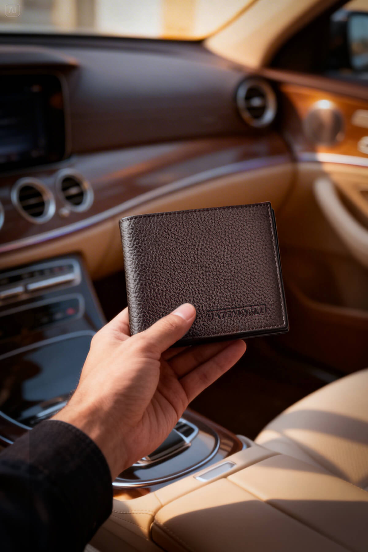 A dark brown textured genuine leather brown wallet with a subtle embossed brand logo in a boxed set