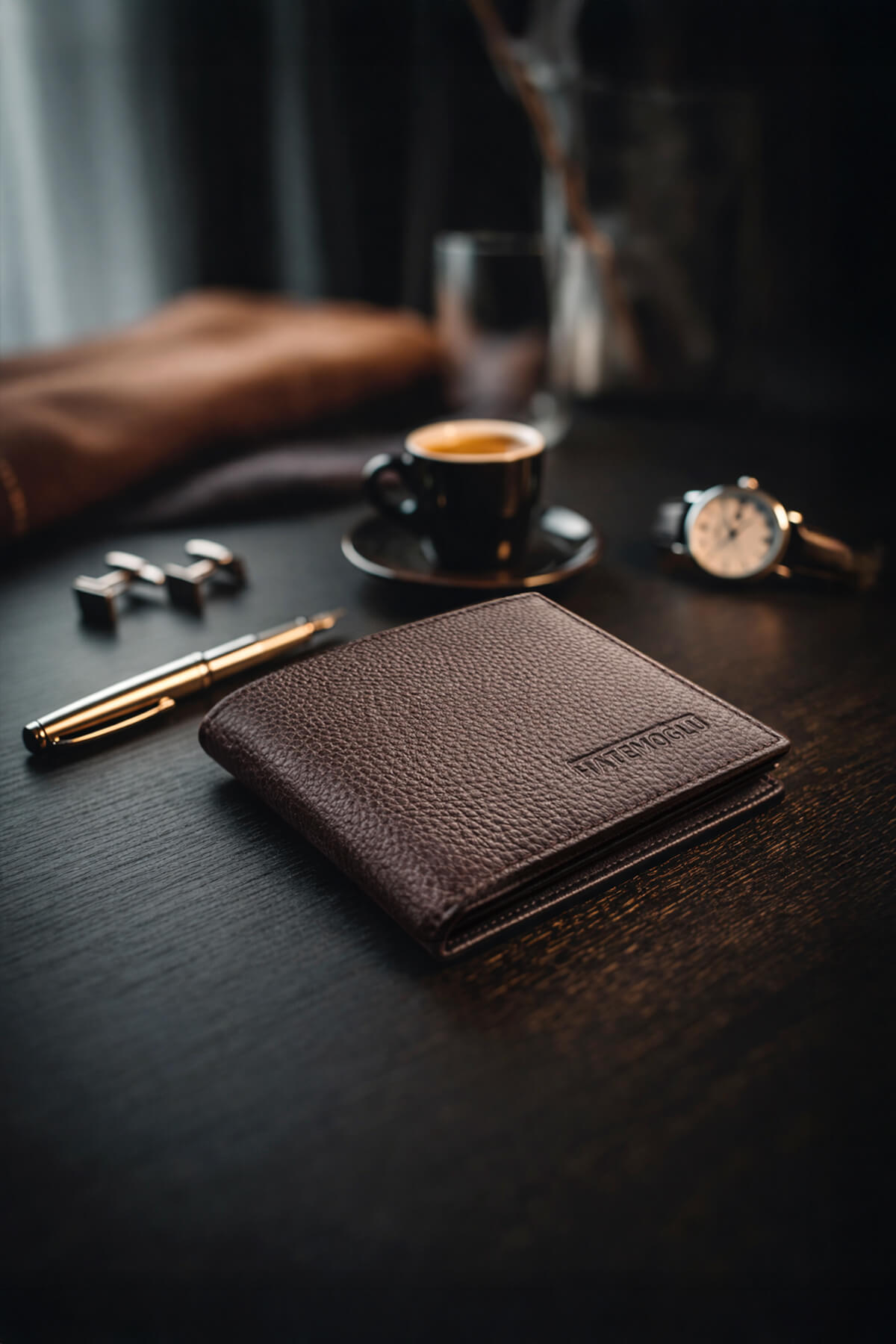 Brown wallet made of genuine leather brown with textured surface and embossed brand name for everyday use