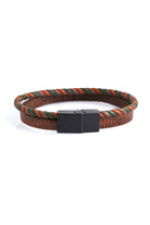 Brown and green braided leather bracelet with a black magnetic clasp.