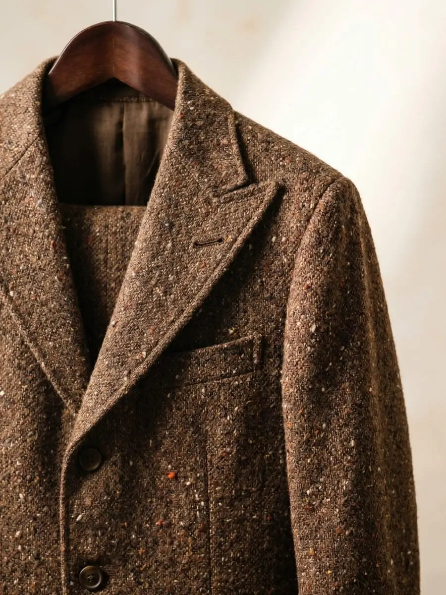 Close-up of brown Donegal tweed suit jacket on wooden hanger showing rough flecked texture with multicolor specks and peak lapel detail