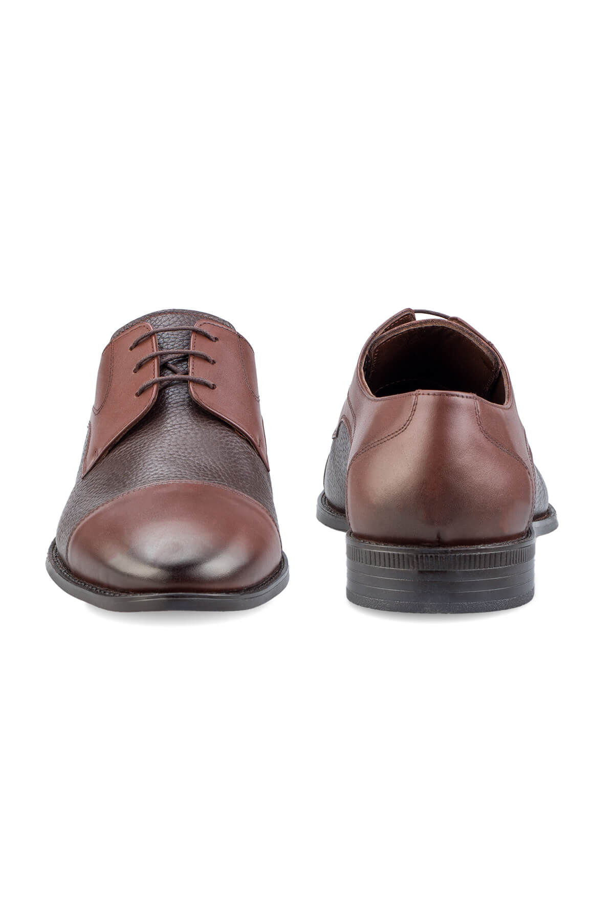 Brown leather dress shoes with a two-tone design featuring darker brown textured panels and lighter brown smooth leather accents.