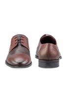 Brown leather dress shoes with a two-tone design featuring darker brown textured panels and lighter brown smooth leather accents.